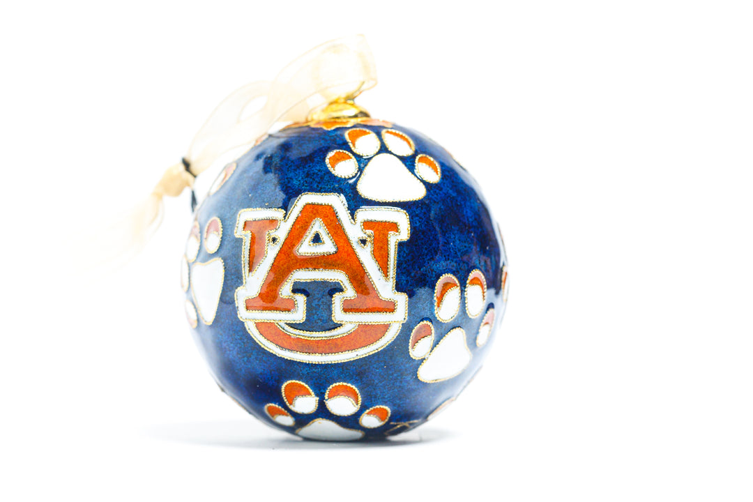 Auburn Tigers Paws All Over Blue Background Round Cloisonné Christmas Ornament