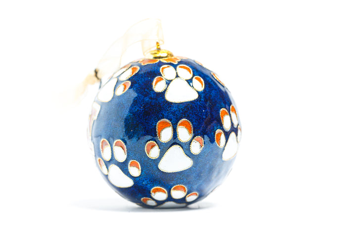 Auburn Tigers Paws All Over Blue Background Round Cloisonné Christmas Ornament