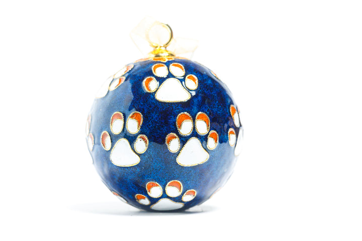 Auburn Tigers Paws All Over Blue Background Round Cloisonné Christmas Ornament