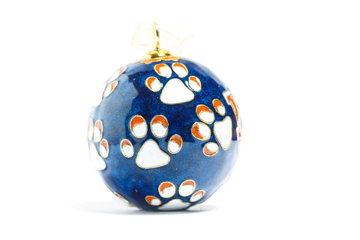 Auburn Tigers Paws All Over Blue Background Round Cloisonné Christmas Ornament