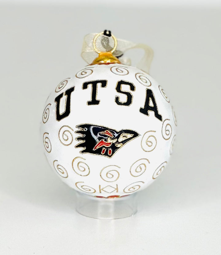 University of Texas at San Antonio UTSA Roadrunner & UTSA Logo Round Cloisonné Christmas Ornament - White