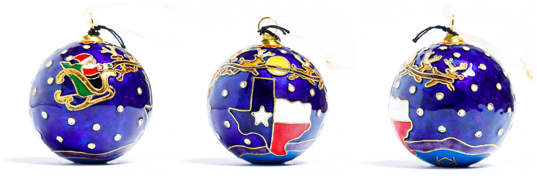 Santa and Sleigh Flying over State of TX Cloisonné Christmas Ornament