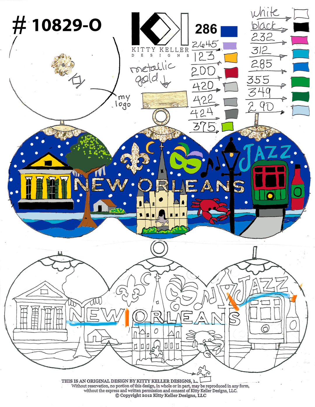 NOLA Ornament - Blue Background - Streetcar, Cathedral and House