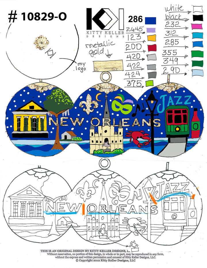 NOLA Ornament - Blue Background - Streetcar, Cathedral and House
