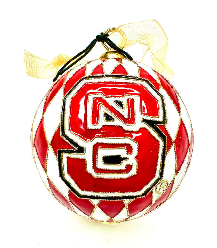 NC State Wolfpack White & Red Harlequin Round Cloisonné Christmas Ornament
