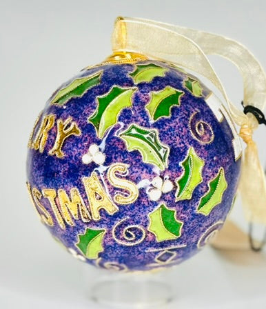 Texas Christian University TCU Horned Frogs Vintage Merry Christmas with Holly Round Cloisonné Christmas Ornament - Purple