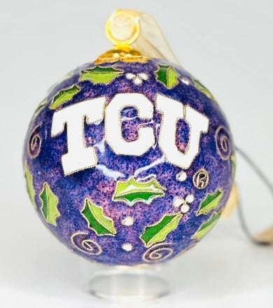 Texas Christian University TCU Horned Frogs Vintage Merry Christmas with Holly Round Cloisonné Christmas Ornament - Purple