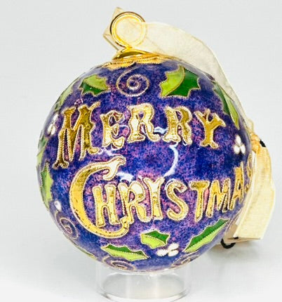 Texas Christian University TCU Horned Frogs Vintage Merry Christmas with Holly Round Cloisonné Christmas Ornament - Purple