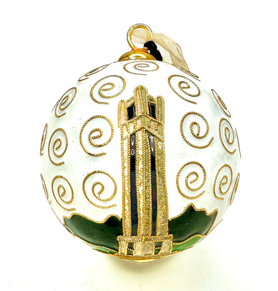 NC State Wolfpack Round Bell Tower & Logo White Background Cloisonné Christmas Ornament