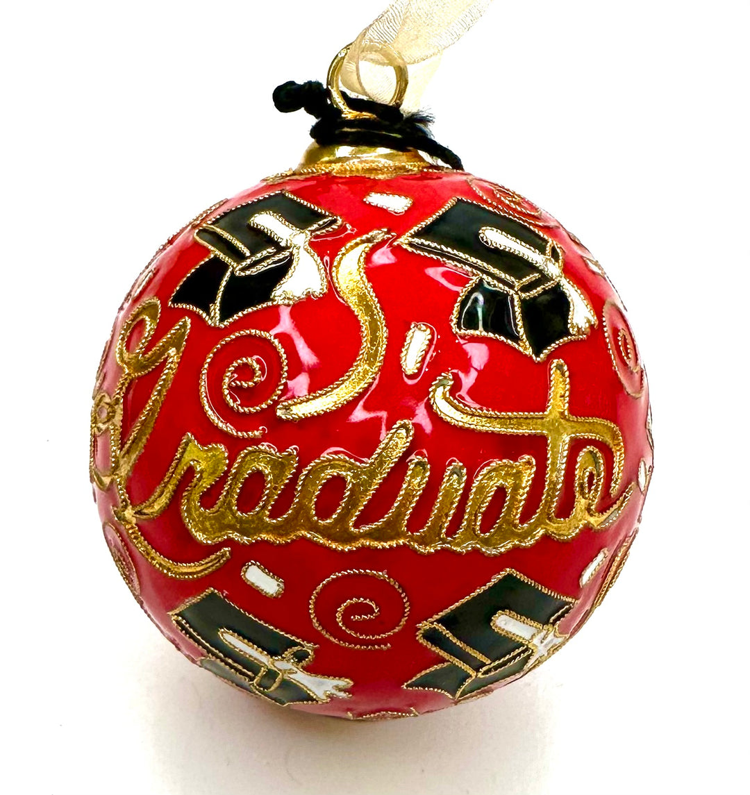 NC State Wolfpack Graduate Red Background Round Cloisonné Christmas Ornament