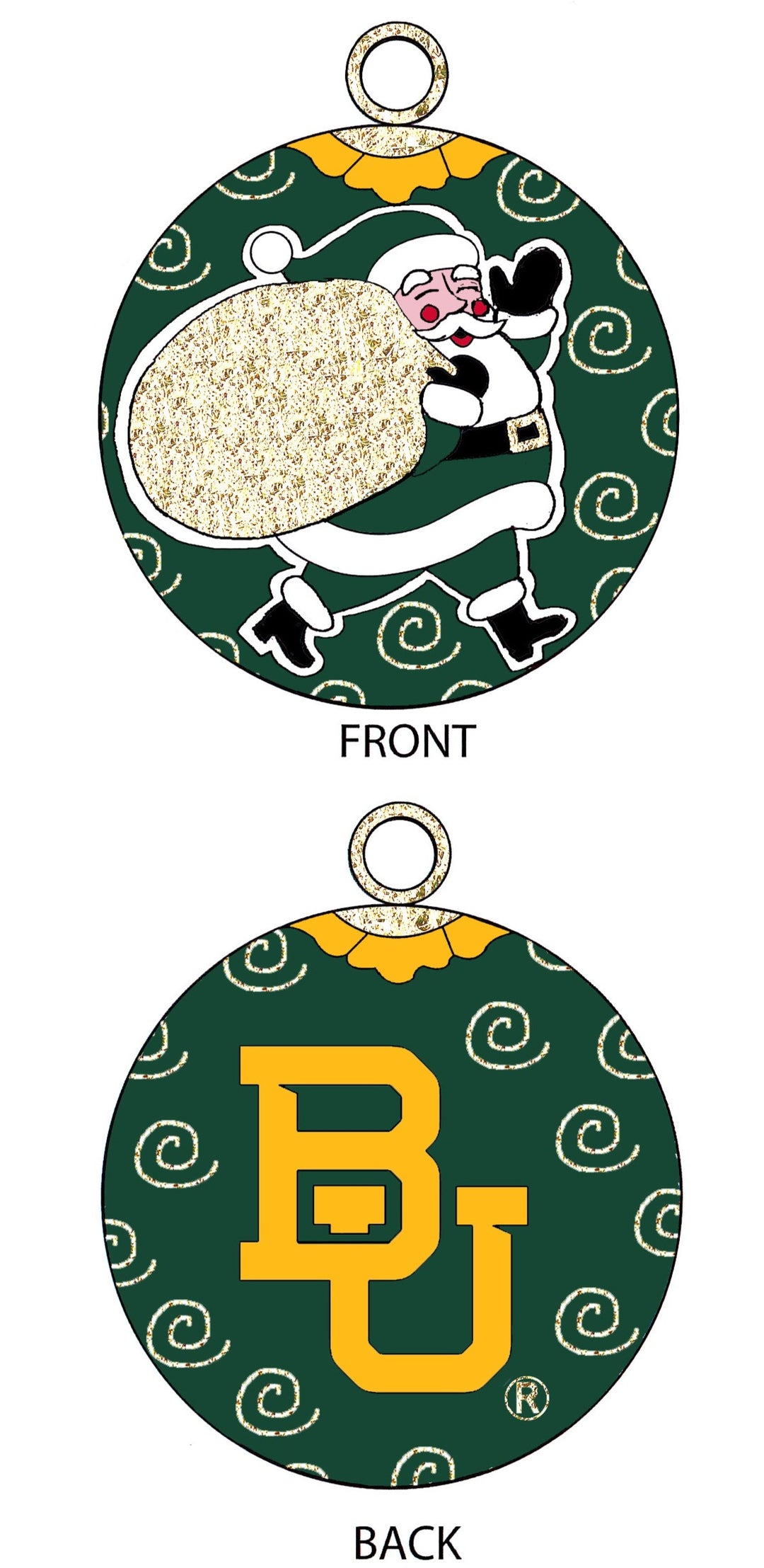 Baylor Bears Jolly Santa with Bag Green Background Round Cloisonné Christmas Ornament