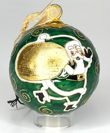 Baylor Bears Jolly Santa with Bag Green Background Round Cloisonné Christmas Ornament