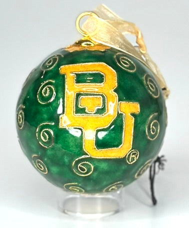 Baylor Bears Jolly Santa with Bag Green Background Round Cloisonné Christmas Ornament