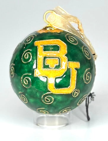 Baylor Bears Jolly Santa with Bag Green Background Round Cloisonné Christmas Ornament