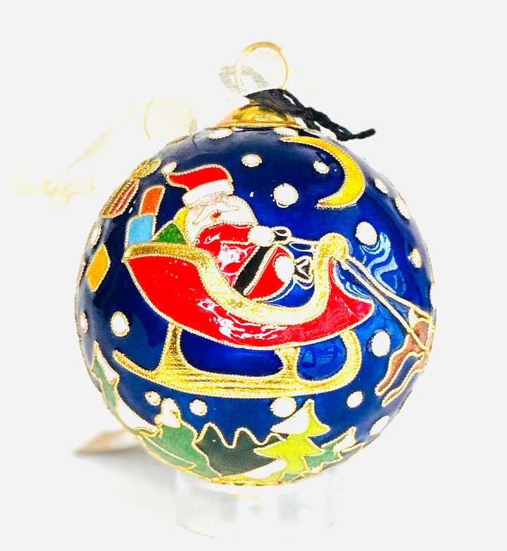 Santa in Sleigh on Christmas Eve Winter Scene Round Cloisonné Christmas Ornament