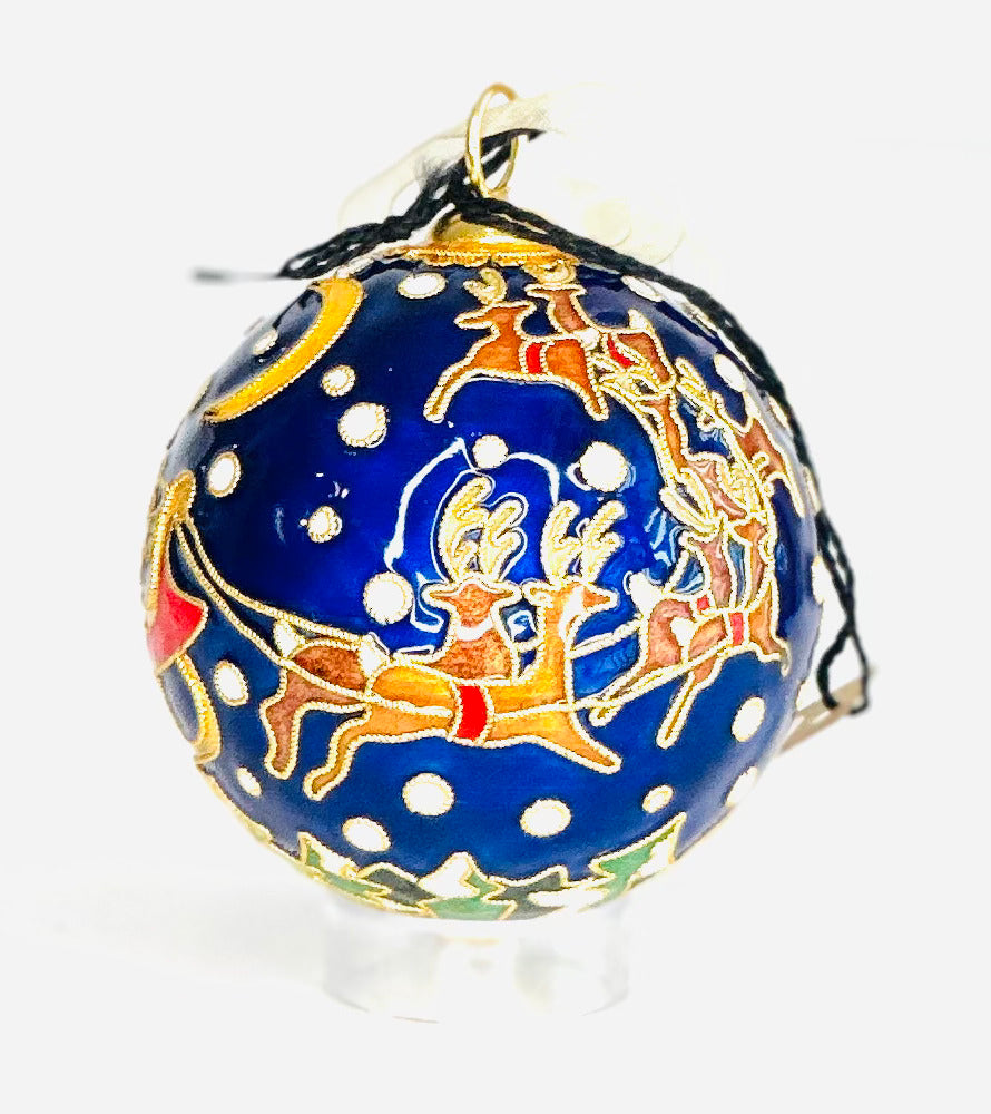 Santa in Sleigh on Christmas Eve Winter Scene Round Cloisonné Christmas Ornament