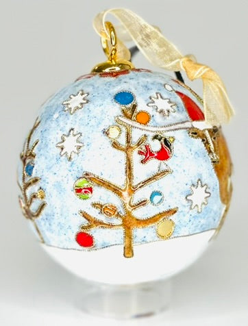 Longhorn Bearing Gifts Winter Scene Round Cloisonné Christmas Ornament