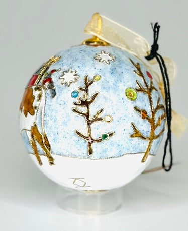 Longhorn Bearing Gifts Winter Scene Round Cloisonné Christmas Ornament