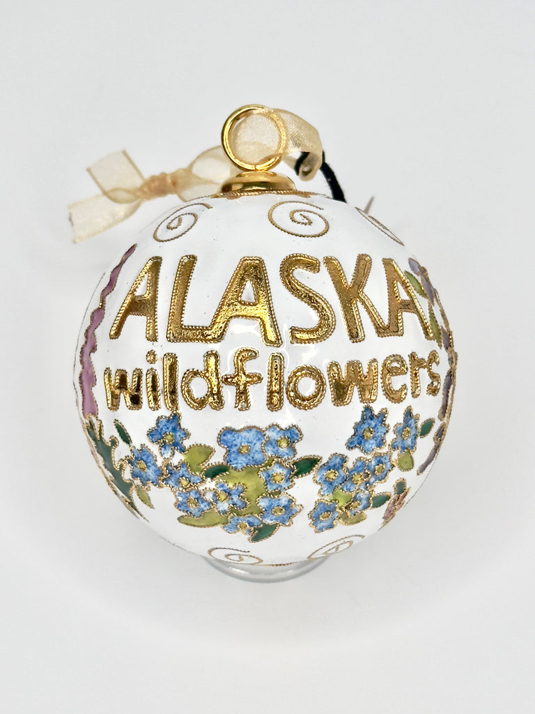 Alaska Wildflowers White Cloisonné Christmas Ornament