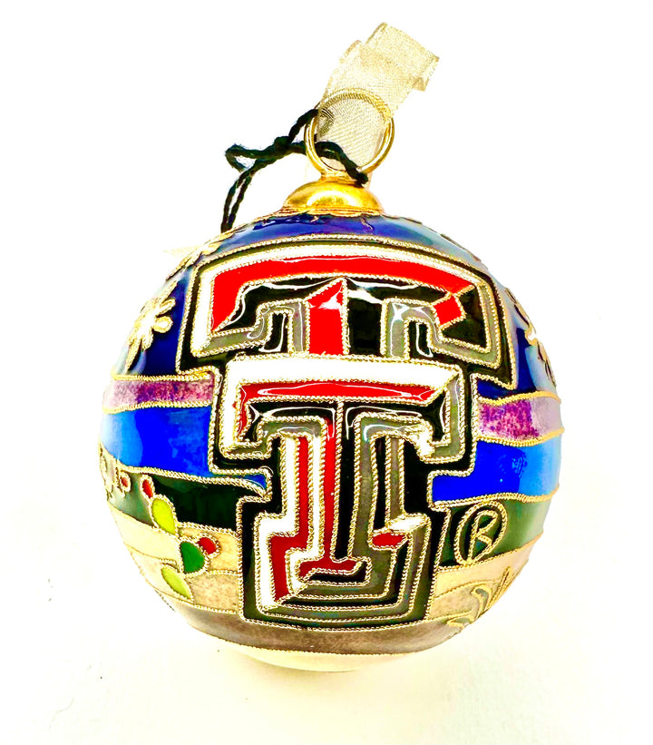 Texas Tech University  Red Raiders Santa in Sleigh with Black Horse Night Scene Round Cloisonné Christmas Ornament