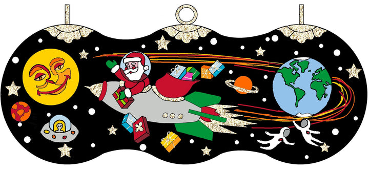 Spacetacular Santa in a Rocket Ship Round Cloisonné Christmas Ornament