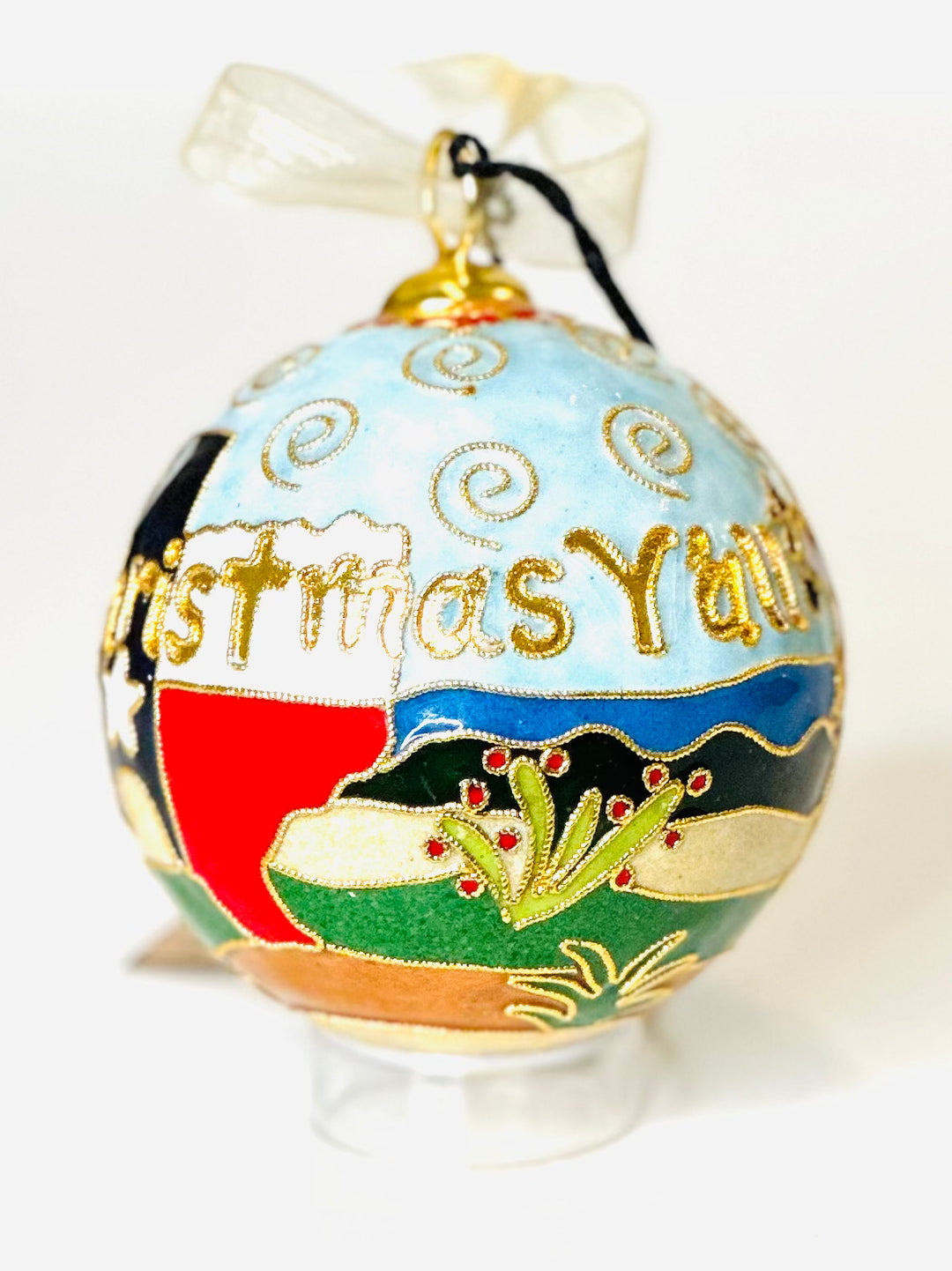 Texas Merry Christmas Y'all Round Cloisonné Christmas Ornament