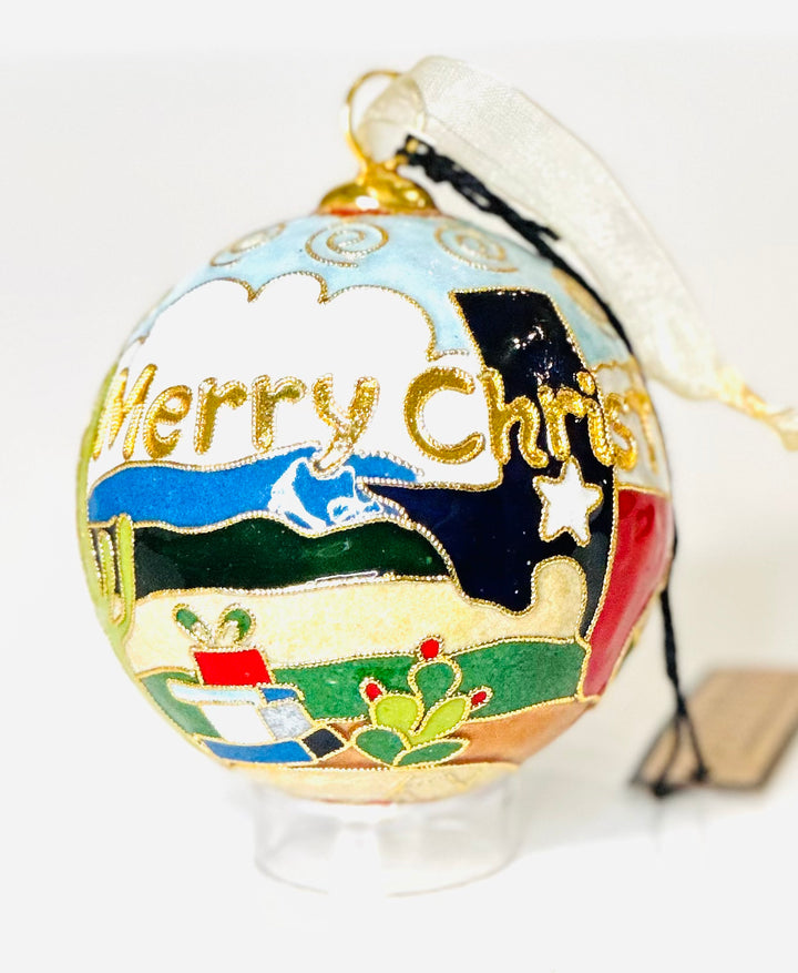 Texas Merry Christmas Y'all Round Cloisonné Christmas Ornament