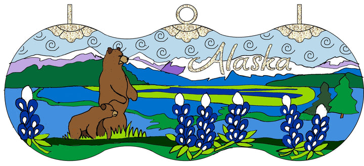 Grizzly with Cub in Lupine Cloisonné Christmas Ornament