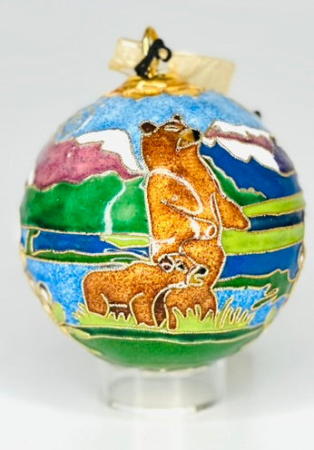 Grizzly with Cub in Lupine Cloisonné Christmas Ornament