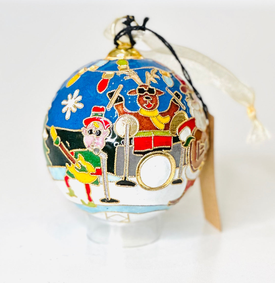 "Jingle Bell Rock" Santa Band Round Cloisonné Christmas Ornament