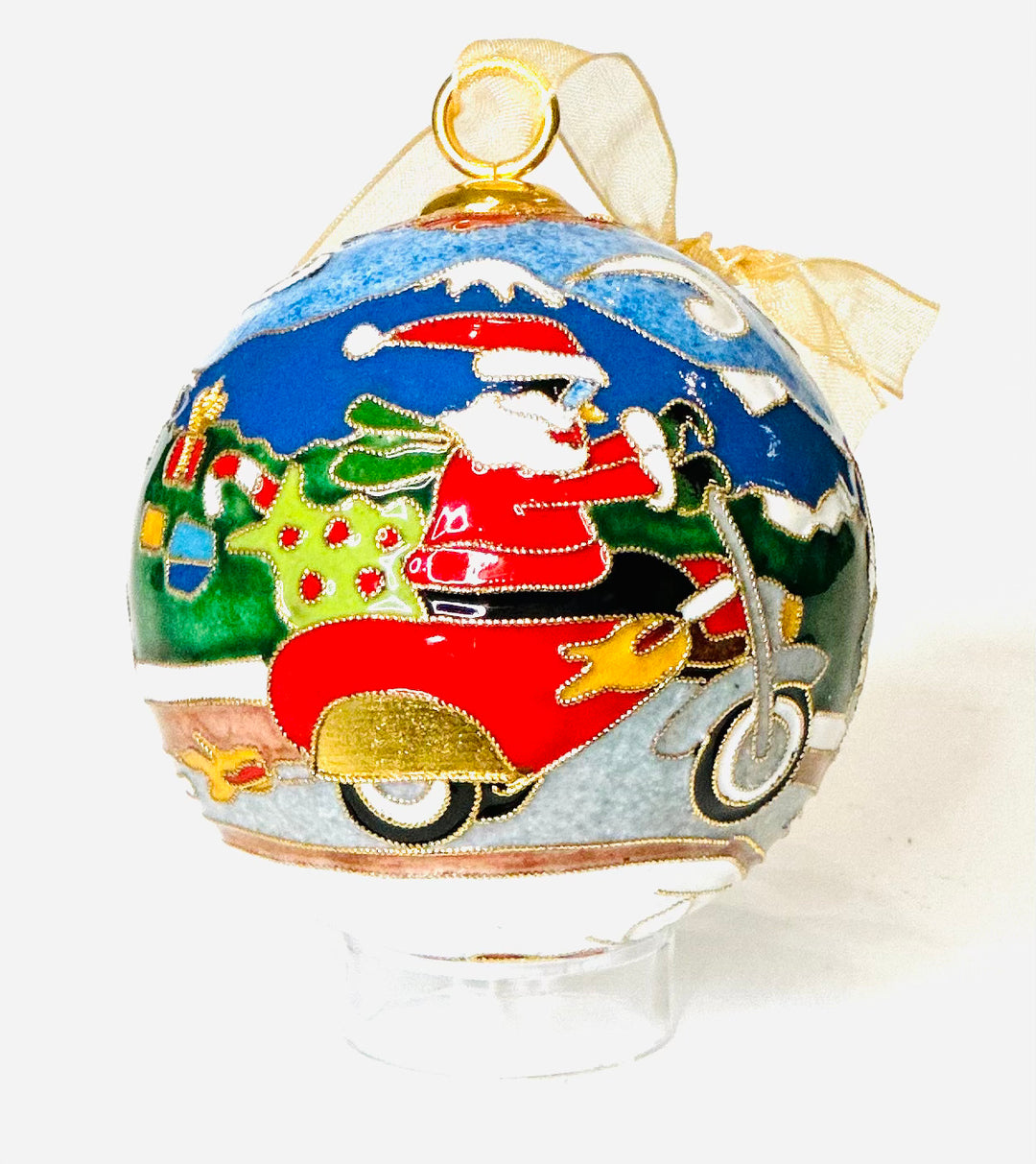 Road Hog Santa Round Cloisonné Christmas Ornament