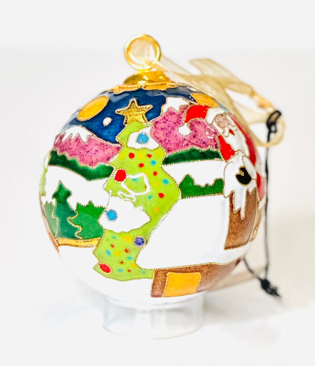 Up on the Housetop Santa Round Cloisonné Christmas Ornament