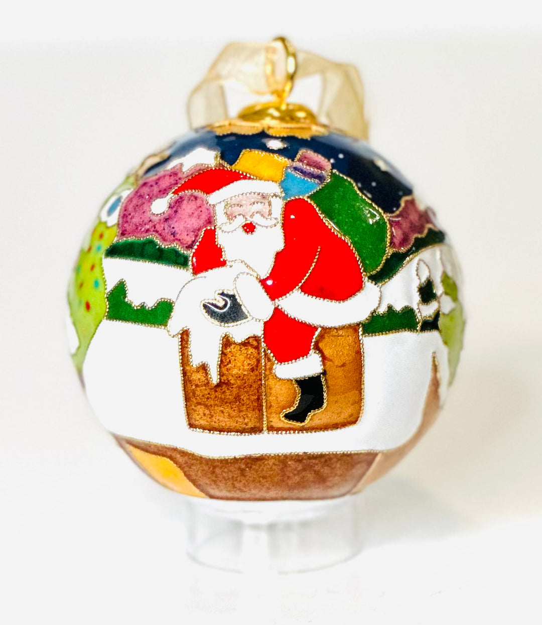 Up on the Housetop Santa Round Cloisonné Christmas Ornament