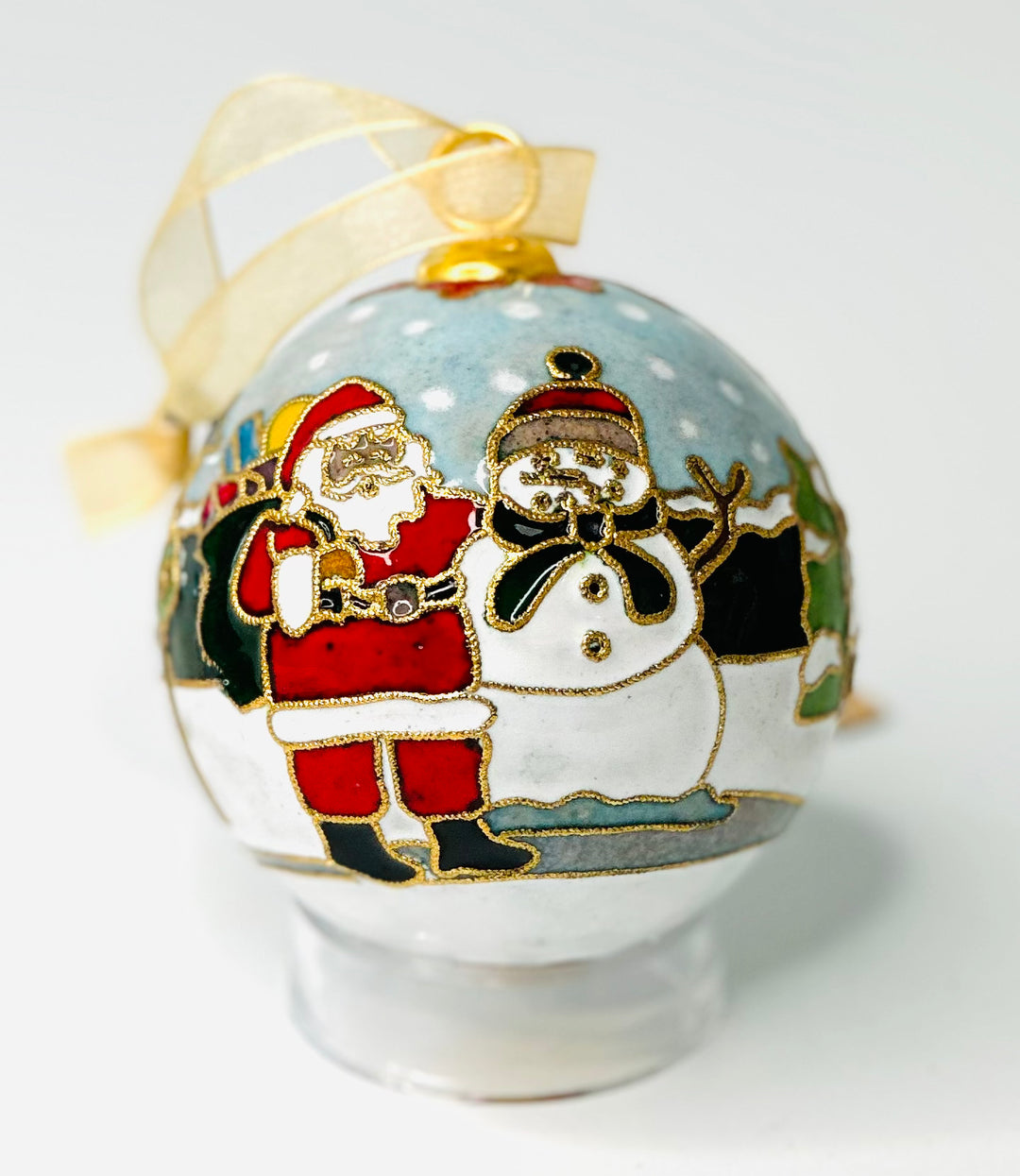 Santa Meets Frosty Round Cloisonné Christmas Ornament