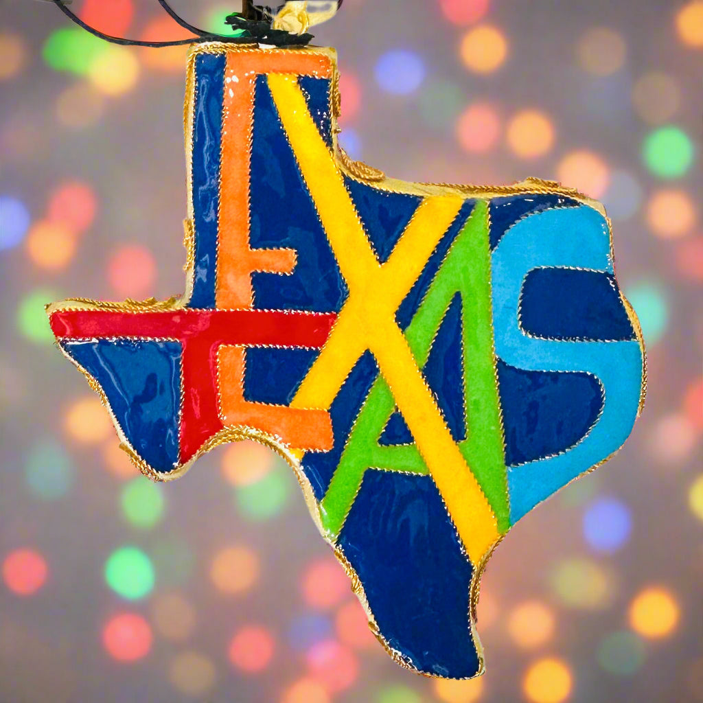 Texas Shape with Texas in colorful letters – Kitty Keller Designs
