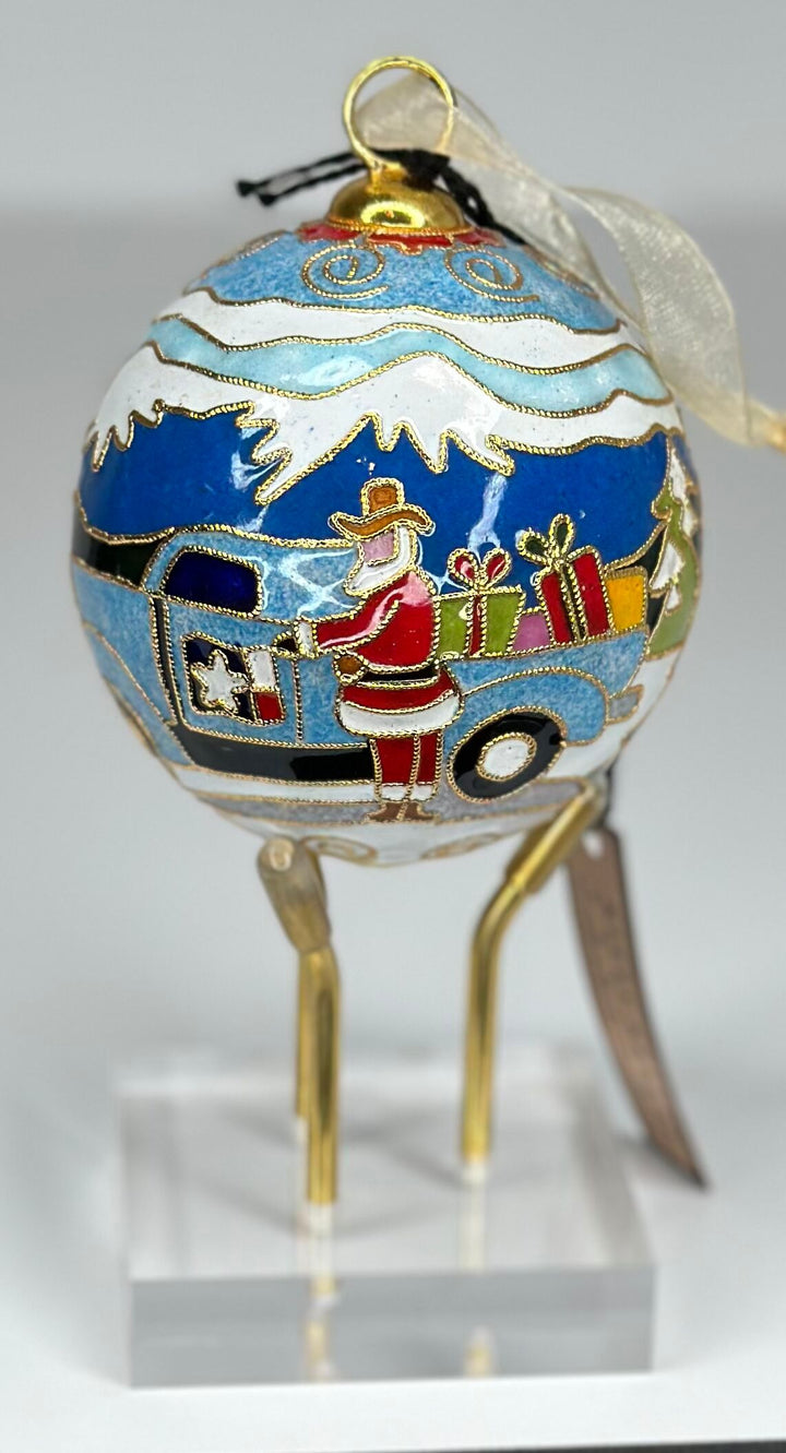 Santa is Texas Bound Round Cloisonné Christmas Ornament