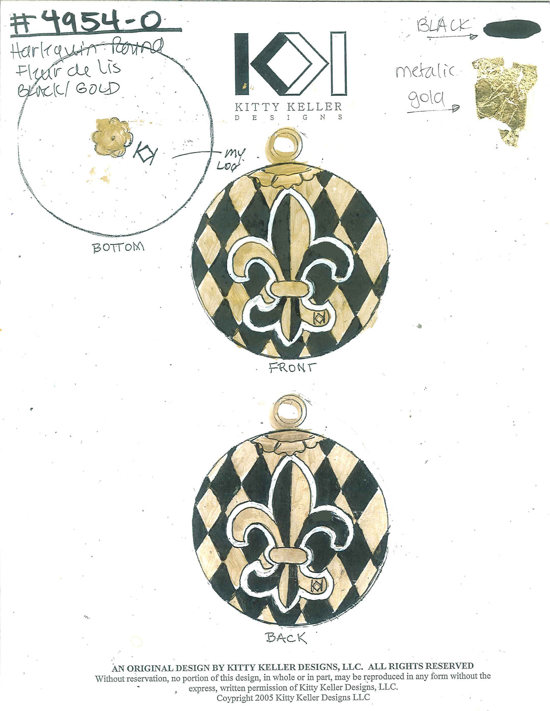 Black and Gold Harlequin with Fleur de Lis Round