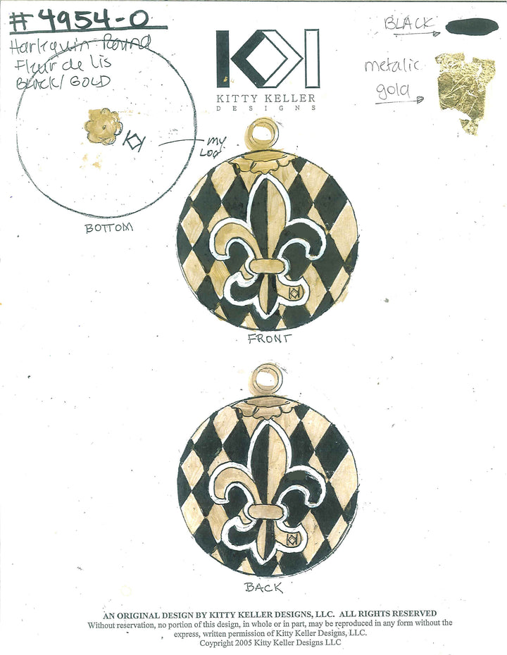 Black and Gold Harlequin with Fleur de Lis Round