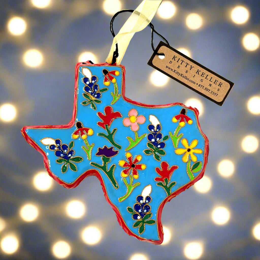 State of Texas, State Shape with Wildflowers, Blue BG