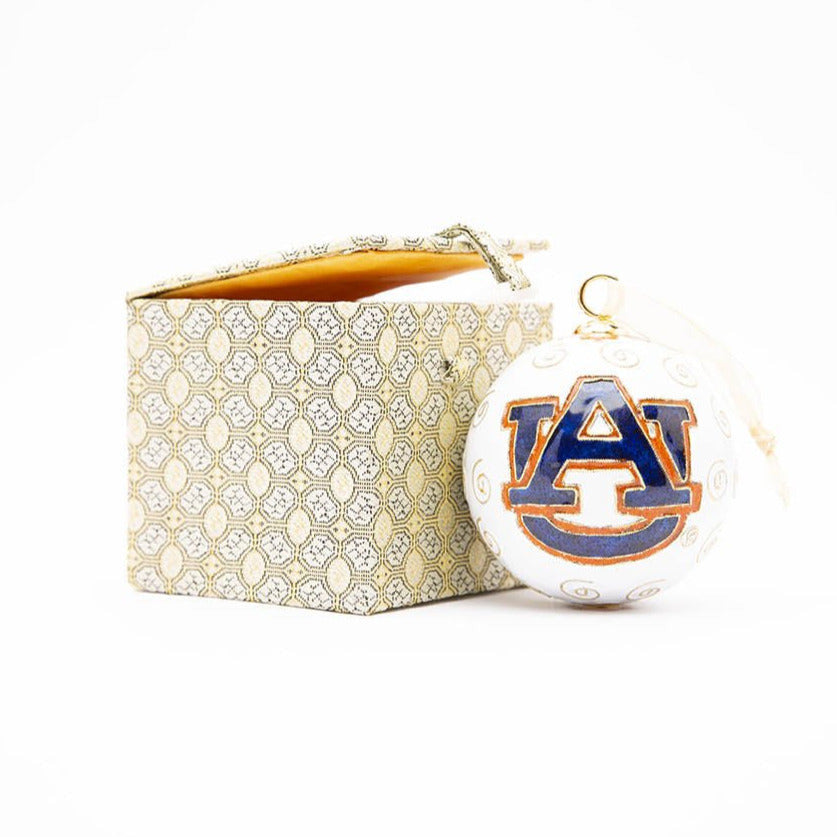 Auburn Tigers Merry Christmas in Colorful Block Letters White Background Round Cloisonné Christmas Ornament