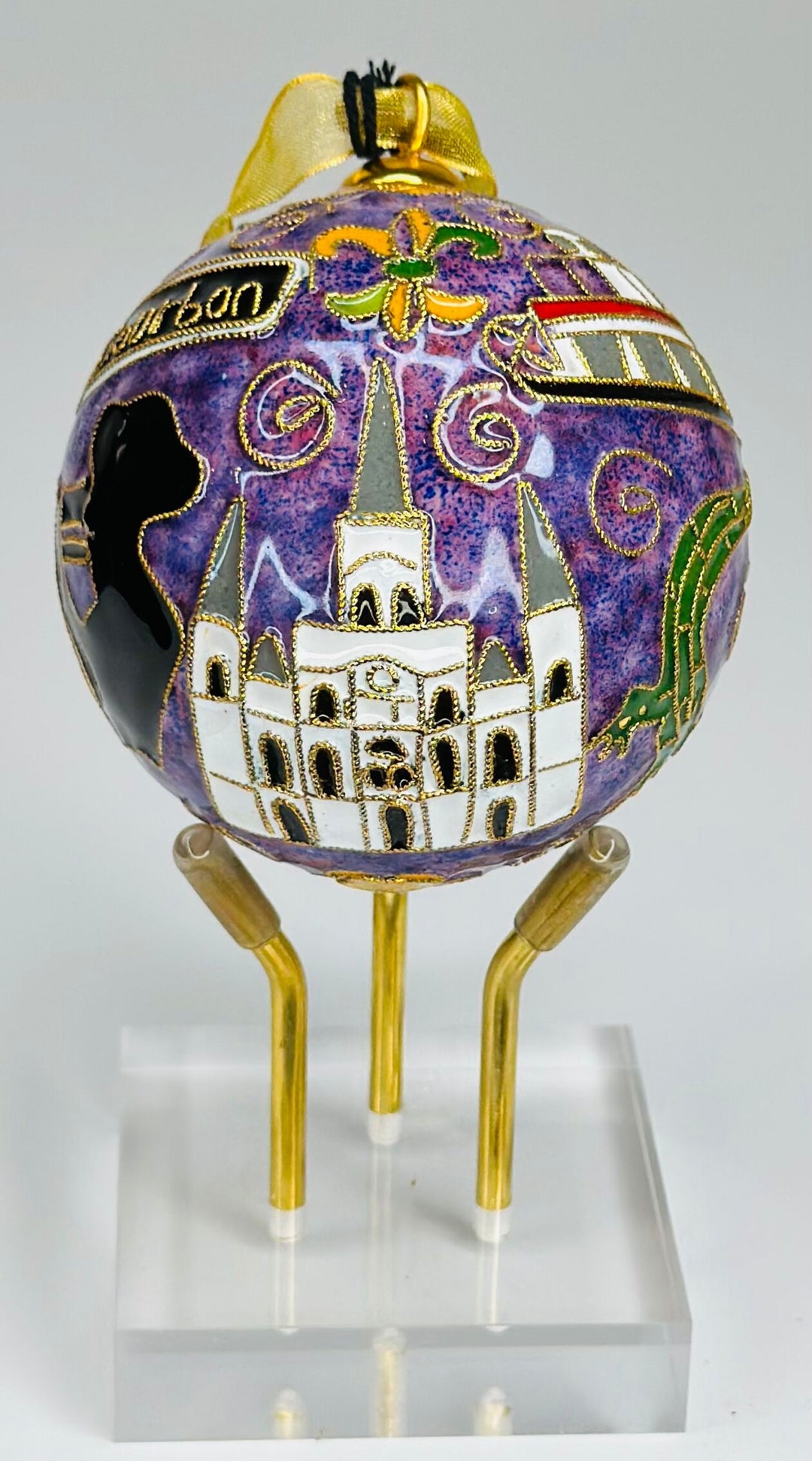 New Orleans, Louisiana St. Louis Cathedral, Gator, Paddleboat, Jazz Musician Round Cloisonné Christmas Ornament - Purple