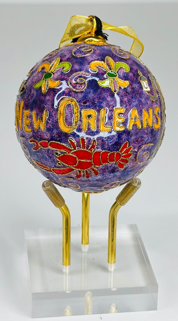 New Orleans, Louisiana St. Louis Cathedral, Gator, Paddleboat, Jazz Musician Round Cloisonné Christmas Ornament - Purple