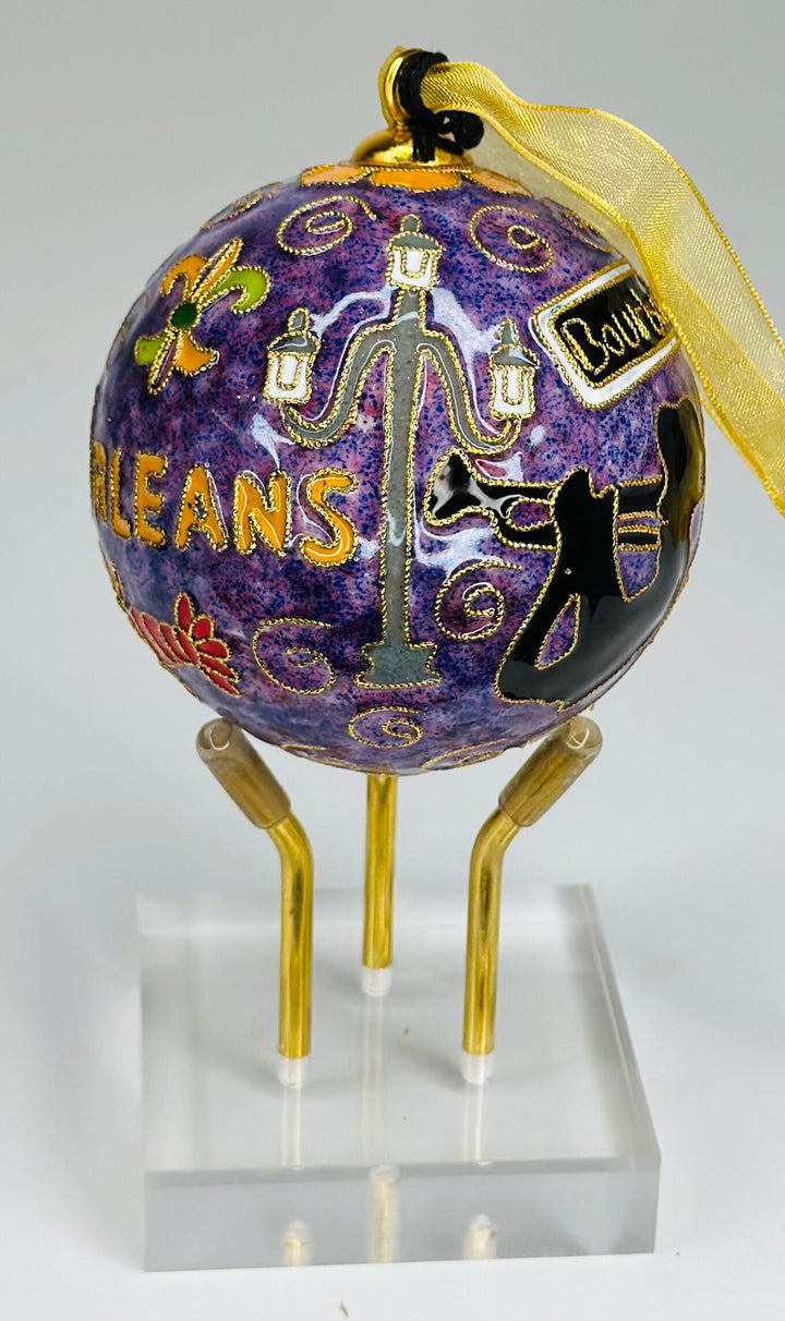 New Orleans, Louisiana St. Louis Cathedral, Gator, Paddleboat, Jazz Musician Round Cloisonné Christmas Ornament - Purple