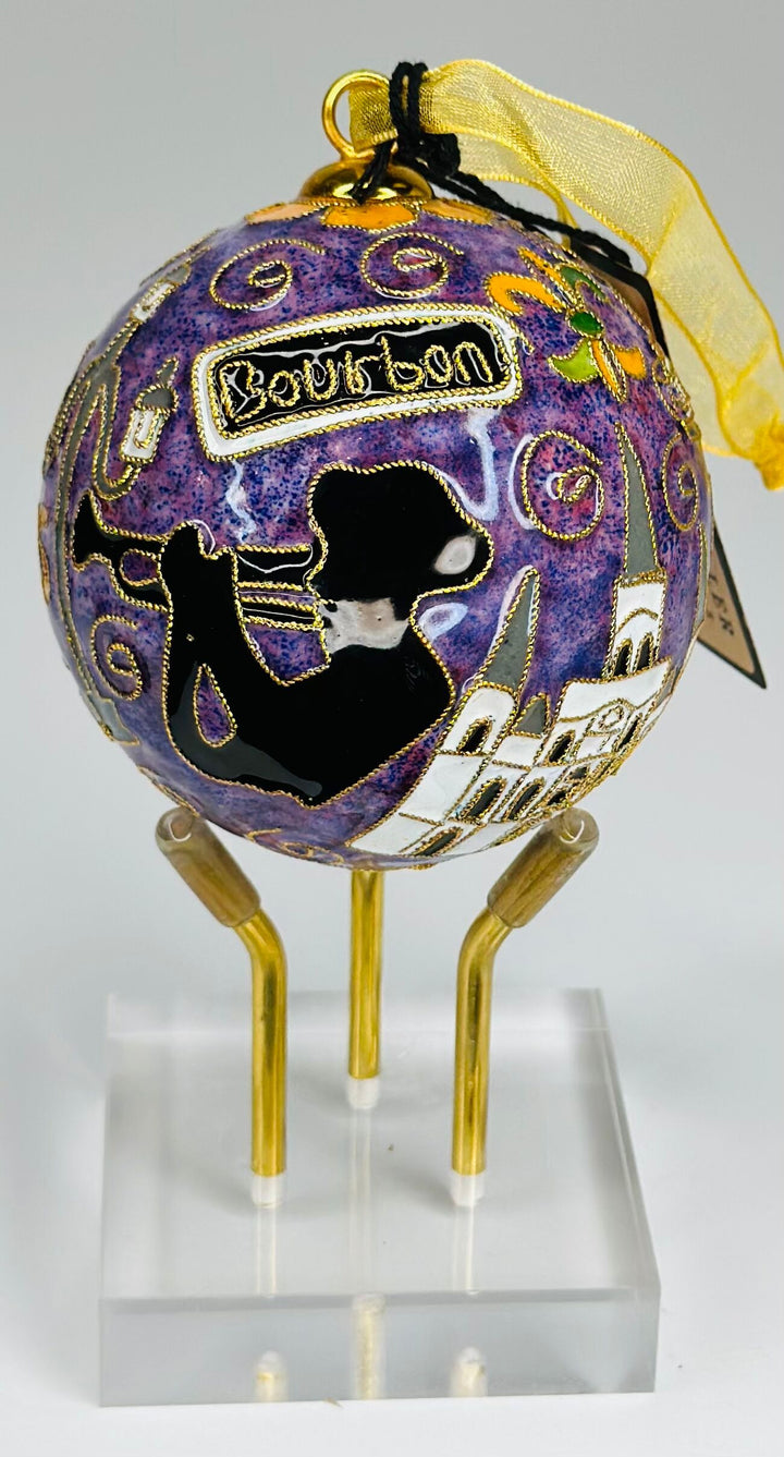 New Orleans, Louisiana St. Louis Cathedral, Gator, Paddleboat, Jazz Musician Round Cloisonné Christmas Ornament - Purple