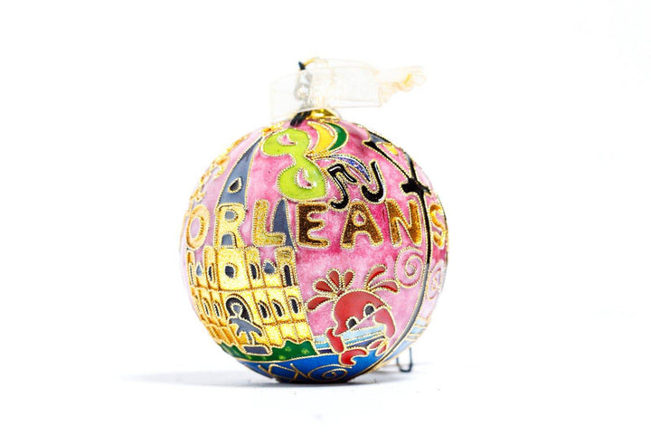 New Orleans Round with City Icons - Cathedral, Trolley, Row House - Pink Background