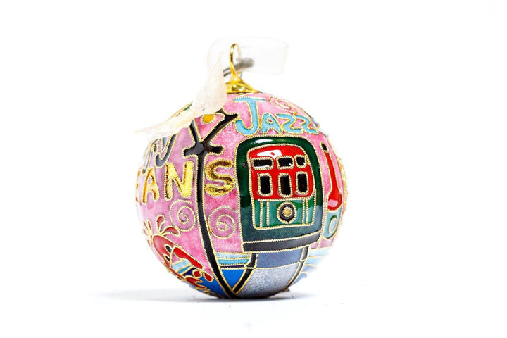 New Orleans Round with City Icons - Cathedral, Trolley, Row House - Pink Background