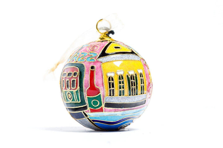 New Orleans Round with City Icons - Cathedral, Trolley, Row House - Pink Background