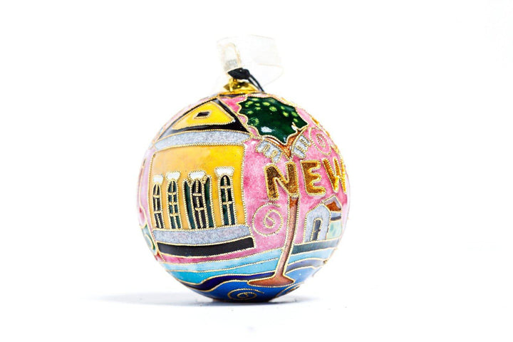 New Orleans Round with City Icons - Cathedral, Trolley, Row House - Pink Background