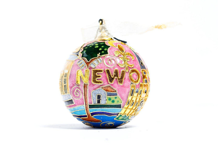 New Orleans Round with City Icons - Cathedral, Trolley, Row House - Pink Background