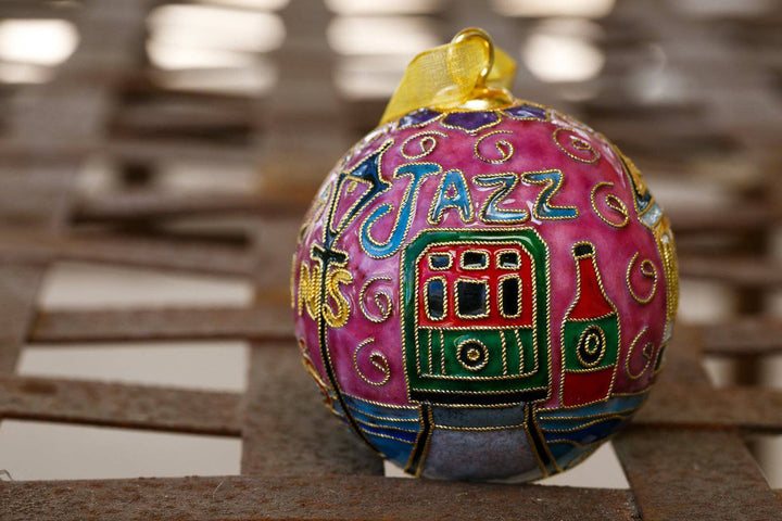 New Orleans Round with City Icons - Cathedral, Trolley, Row House - Pink Background